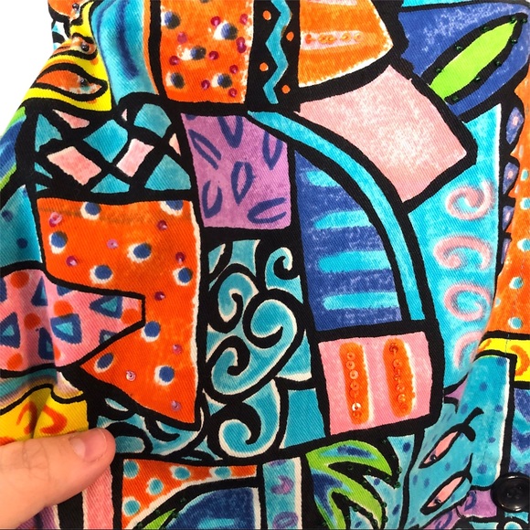 Vintage 80s Retro Groovy Rainbow Abstract Sequin Fish Art To Wear Blazer Jacket - Picture 8 of 11